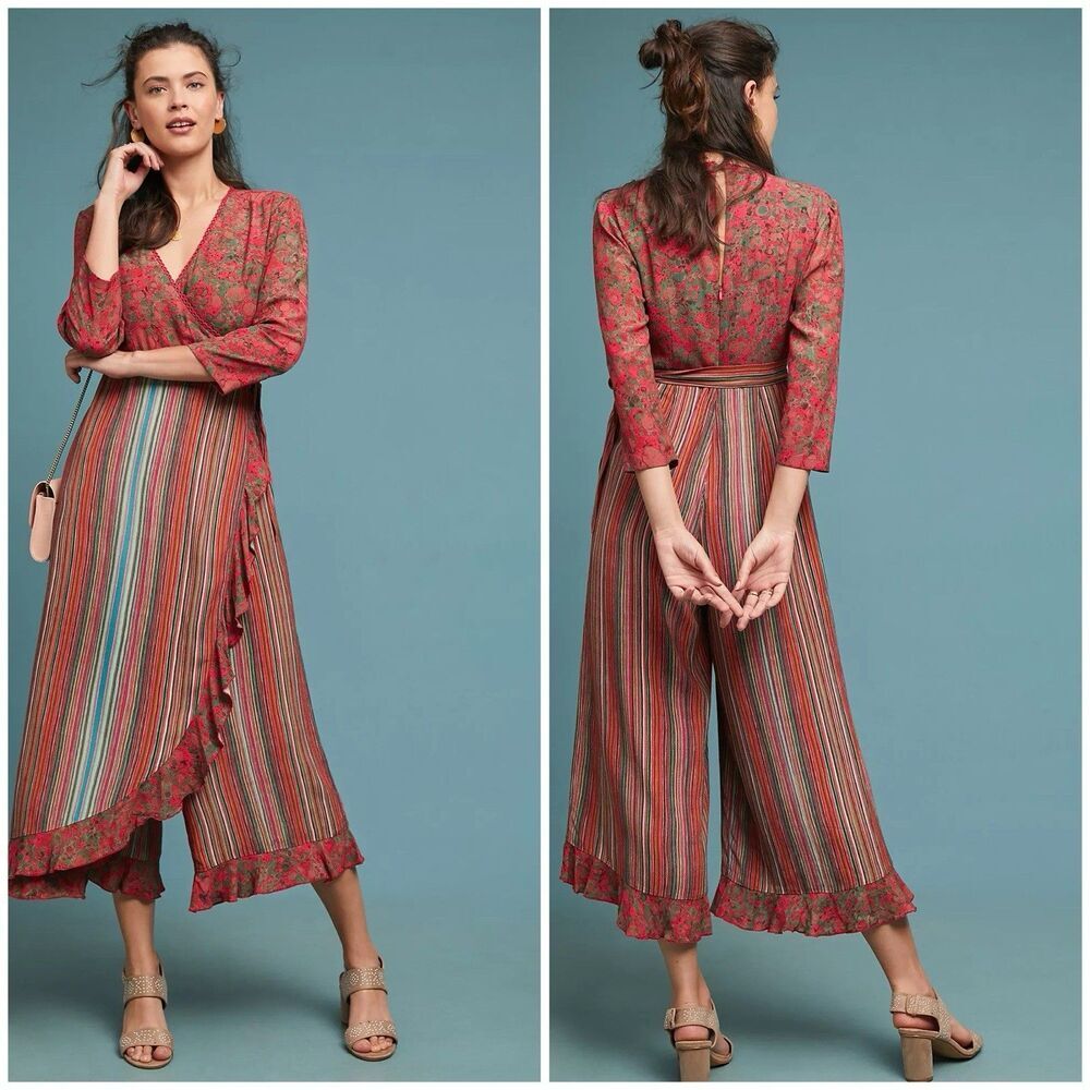 Anthropologie Bl^nk London Mitchell Skirted Jumpsuit Size XS Floral Striped Boho